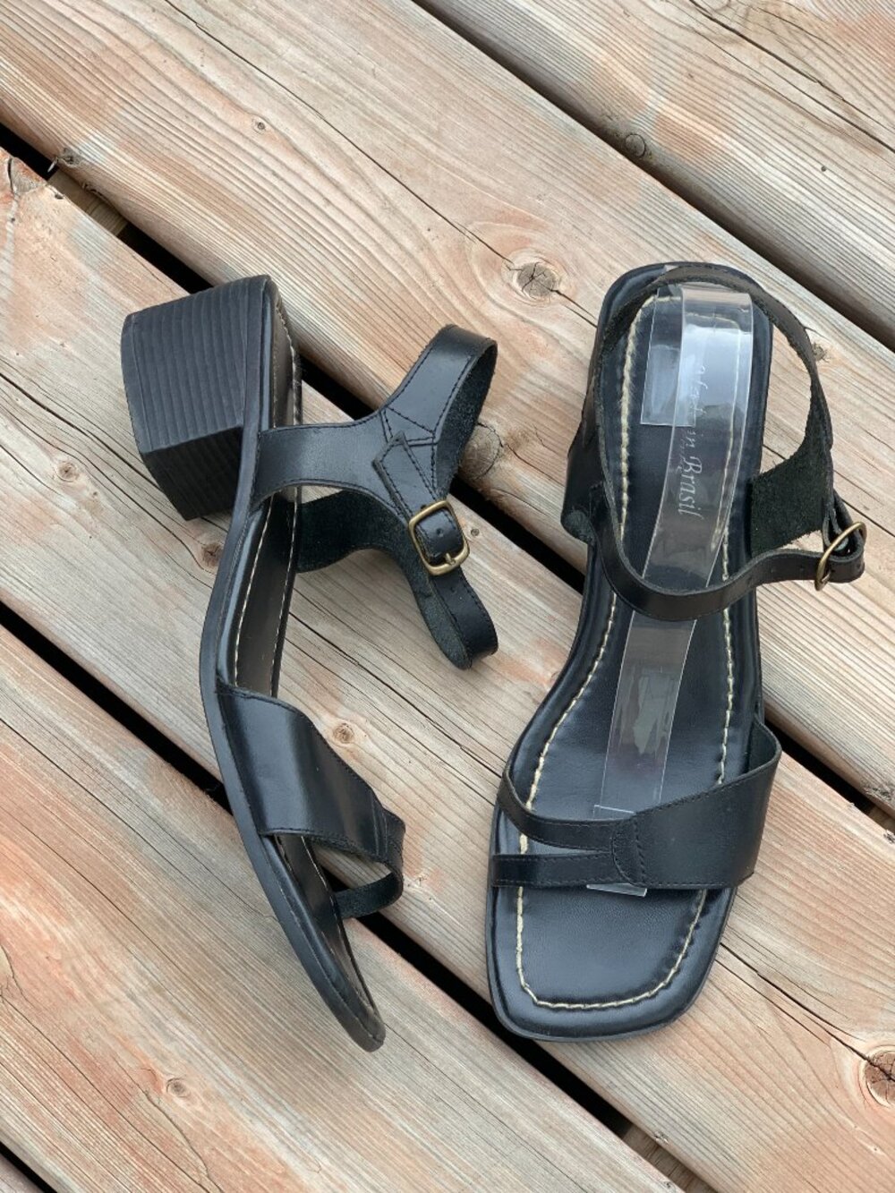 Vtg 90s Square Toe Sandal 10 Black Leather Low Block Heel Ankle Strap Minimalist
